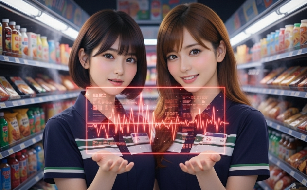 手元のR9スペクトルグラフ（ホログラム）から放たれる光で、コンビニのホットスナックやパンが魔法のように美味しそうに輝く様子を見つめる二人の女性。