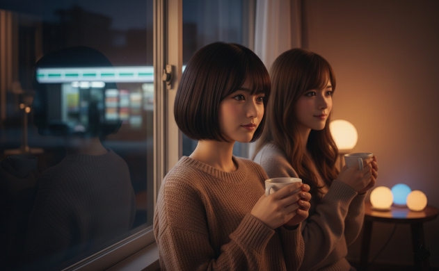 夜の自宅の窓際で、温かみのあるアンバー（琥珀色）の間接照明に包まれ、ホットドリンクを手に安らぐあいみと美羽。窓の外にはコンビニの青白い光。