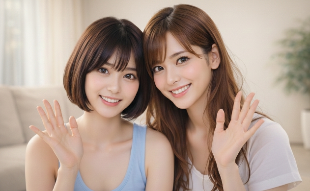 柔らかな間接照明に包まれた部屋で、健康的な艶肌で並んで笑顔で手を振るあいみと美羽。光の力で共に美しくなることを願う結びのシーン。