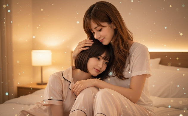 夜の寝室でパジャマ姿の「あいみ」が「美羽」の髪を優しく撫で、寄り添いながら微笑む様子。周囲には光の粒子が神秘的に漂い、静寂と光ノイズの共存を表現した情緒的な写真。