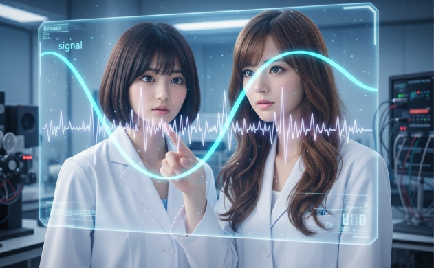 近未来的なラボで、白衣を着た2人の日本人女性がホログラフィックディスプレイに映る正弦波(信号)と乱れたノイズ波形を真剣に観察している、知的で清潔感のあるシーン。