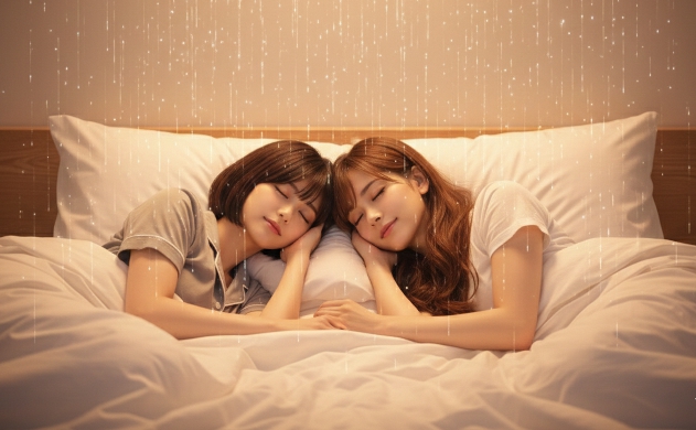 穏やかに眠る2人の日本人女性。天井から微細な「光の糸」がノイズのように降り注ぎ、睡眠中の代謝に影響を与える様子を暗示する、ドラマチックで少し神秘的な寝室の情景。