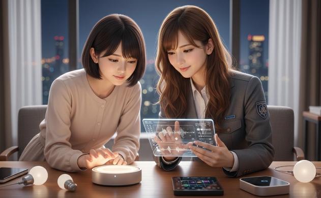 モダンなリビングで、2人の日本人女性がタブレットや最新の光制御デバイス(スマート照明など)を操作しながら、夜の睡眠環境をハードウェア的に改善しようとしている機能的なシーン。