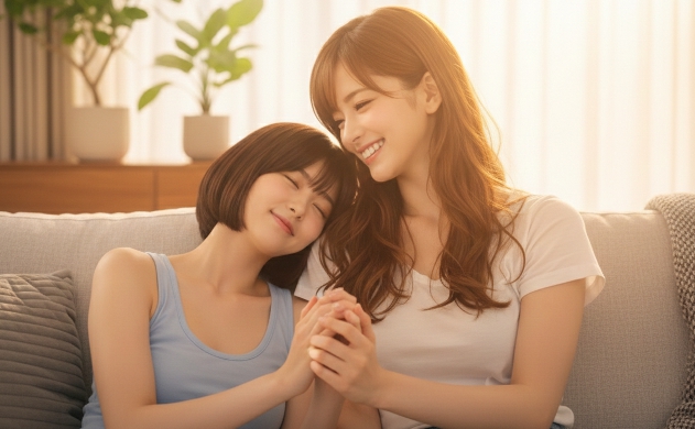 柔らかな朝日のような光が差し込むリビングで、ソファに座る2人の日本人女性が手を取り合い、満面の笑みで見つめ合う、幸福感と希望に満ちた温かい雰囲気の写真。