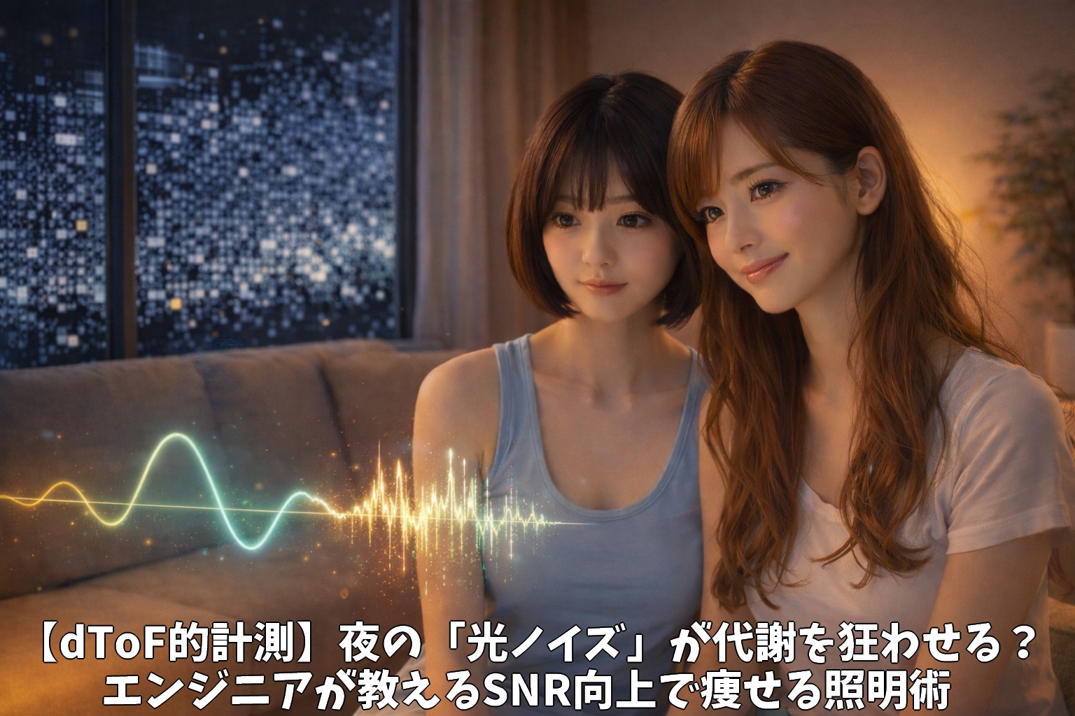 温かい琥珀色の光に包まれた室内でくつろぐ2人の日本人女性。背後の窓の外はデジタルノイズの世界で、空中に浮かぶホログラムの波形が室内では滑らかに、窓越しでは激しく乱れる様子を描いたシネマティックな画像。