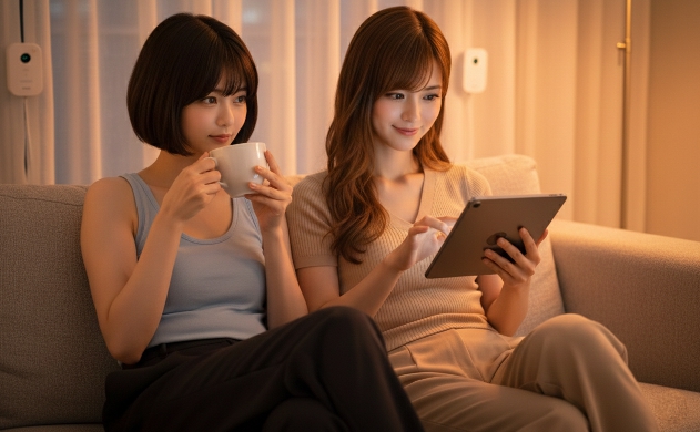 夕暮れ時のリビングで、Philips Hueの間接照明によるリラックスした光の中、ソファでタブレットを操作しながらお茶を楽しむあいみと美羽