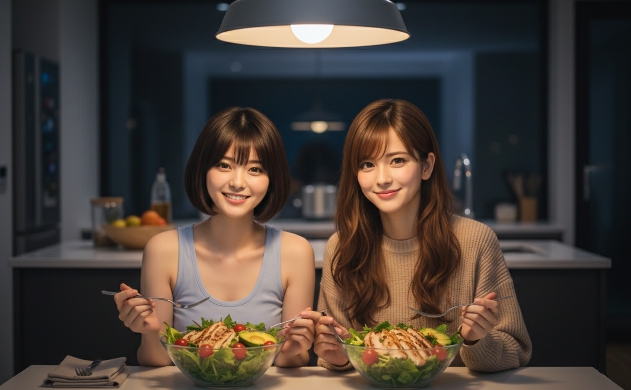 演色性の高いペンダントライトの下で、色鮮やかで健康的な食事を笑顔で楽しむ、陰影が美しく映えるダイニングのあいみと美羽