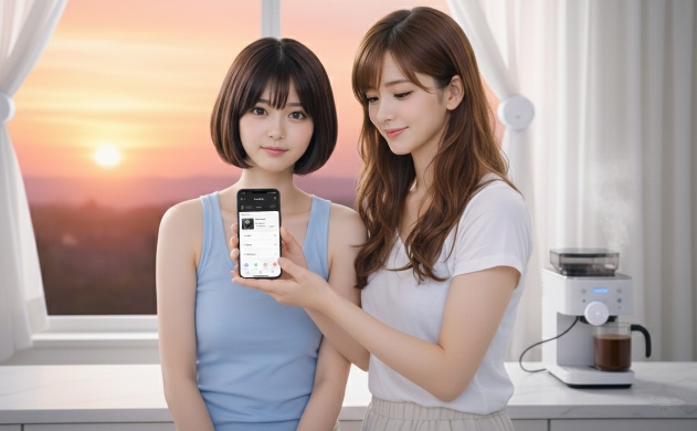 朝日の差し込む窓辺で、スマホのSwitchBotアプリを操作しながら、スマートホームの自動化に感動するあいみと美羽