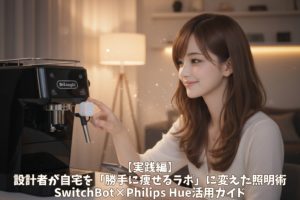 温かい琥珀色の光に包まれたリビングで、デロンギのコーヒーマシンに付いたSwitchBotを愛おしそうに見つめながらスマホを操作する美しい日本人女性（あいみ）