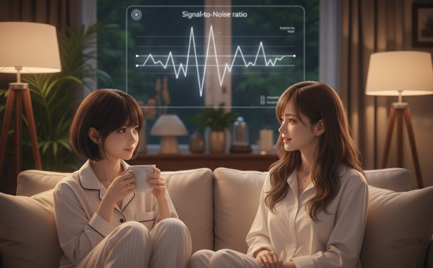 暖色の照明に包まれた夜のリビングで、ハーブティーを飲みながらくつろぐあいみと美羽。背景には整えられた光の波形(S/N比)が浮かんでいる。