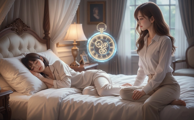 眠っている美羽の傍らに、エンジニアのあいみが優しく座っている様子。空中に体内時計を象徴するアンティークな時計のホログラムが美しく輝く。