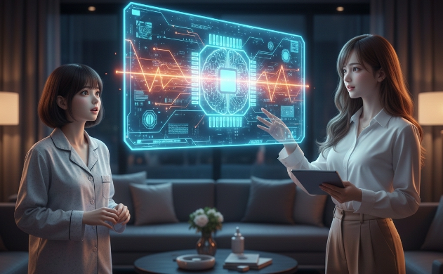 ハイテクなリビングで、あいみが美羽に「脳の同期」を説明するシーン。脳のCPUと光の波がシンクロする未来的なホログラムを二人が見つめている。