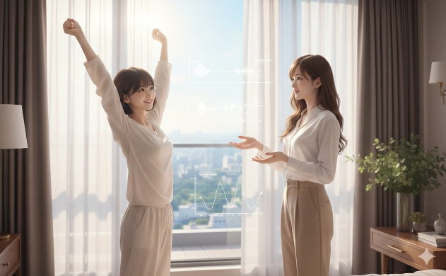 大きな窓から差し込む480nmの朝日を浴びるあいみと美羽。朝の光の重要性を語るあいみと、笑顔でストレッチをする美羽の爽やかな光景。