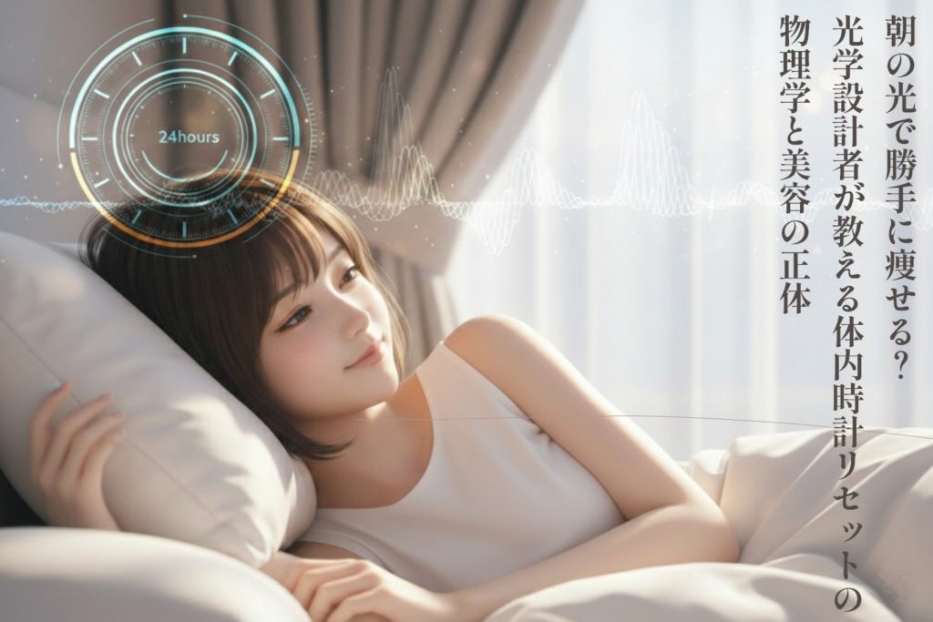 朝の日差しが差し込む豪華な寝室で、心地よく目覚める若い日本人女性(美羽)。背景にはサーカディアンリズムと光の波を象徴するホログラムが浮かぶ。