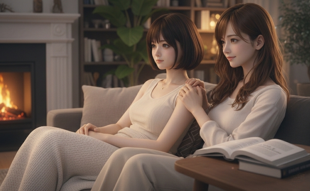 夕暮れ時、暖炉の光が灯るリビングで、ソファに座るショートボブの女性(美羽)と、その肩に優しく手を置くロングヘアの女性(あいみ)。自律神経と光の関係を示す専門書が手元にあり、静かで癒やしに満ちた夕刻の風景。