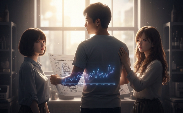 窓から差し込む強烈な西日を浴びて立ち尽くす男性(誠)の後ろ姿。手にはAMRの設計図と光の波長グラフを持ち、傍らでは二人の女性(美羽とあいみ)が心配そうに、かつ寄り添うように彼を見つめている、ドラマチックな光と影の描写。