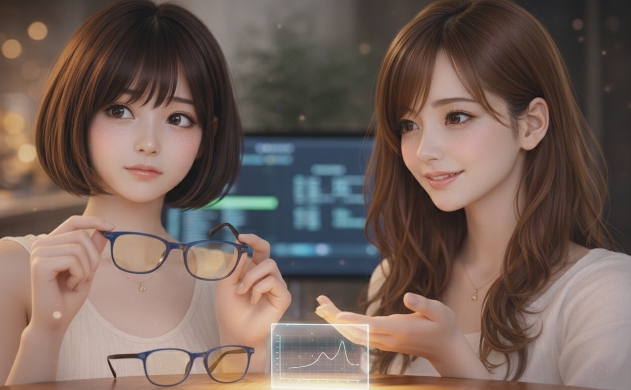 少し困った表情でブルーライトカットメガネを見つめる女性(美羽)と、その手にそっと触れて優しく語りかける女性(あいみ)。二人の前にはレンズの透過特性を示すホログラムのようなグラフが浮かび、光の質について深く考えるシーン。