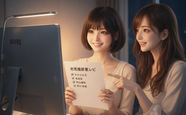 夜、BenQ ScreenBar Haloを装着したモニターの前で笑顔を見せる二人の女性。背後の壁面には2700Kの温かなバックライトが広がり、手元の「光環境改善レシピ」を指差しながら、理想的な光環境で活動的な表情を見せる美羽とあいみ。