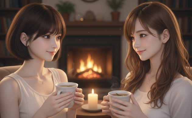 暖炉とキャンドルの光が揺れるリビングで、温かいティーカップを手に微笑み合う二人の女性。美羽の瞳は生き生きと輝き、二人の間には安らぎと希望の光が満ちている。読者に「一緒に美しくなろう」と語りかけるような、穏やかなまとめの1枚。