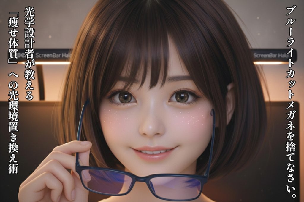 澄んだ瞳を輝かせる女性(美羽)の超アップ。右手にブルーライトカットメガネをずらして持ち、両方の瞳を完全に見せながら、モニターからのキャッチライトを映して微笑んでいる。背景にはBenQ ScreenBar Haloの温かいオレンジ色の光がモニターを縁取っている。