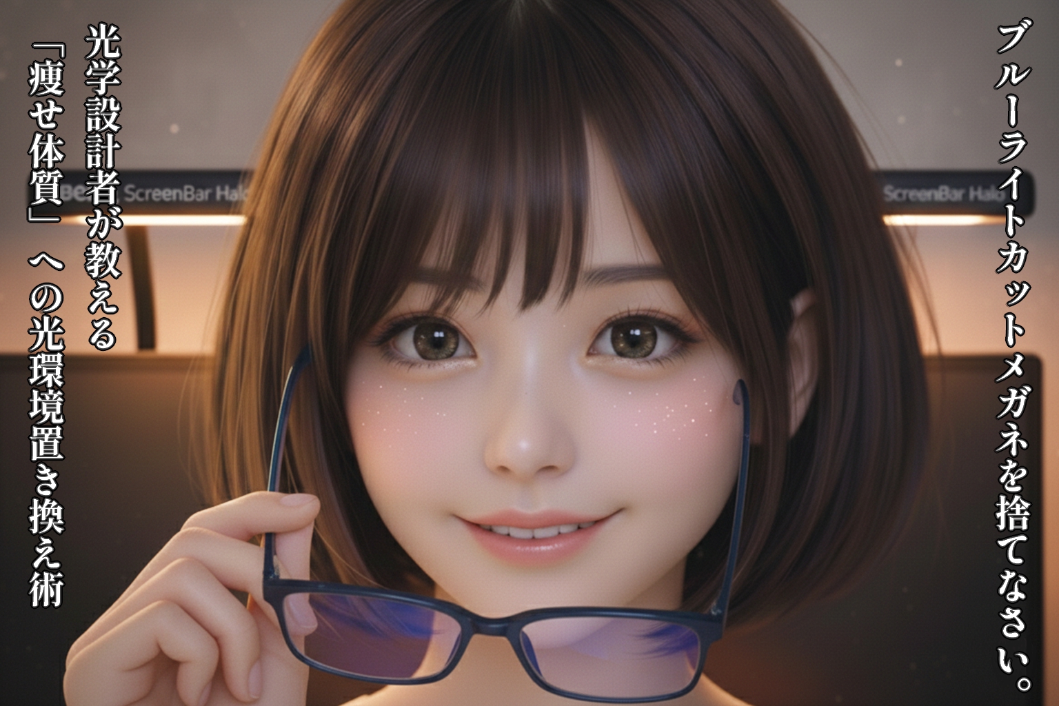 澄んだ瞳を輝かせる女性（美羽）の超アップ。右手にブルーライトカットメガネをずらして持ち、両方の瞳を完全に見せながら、モニターからのキャッチライトを映して微笑んでいる。背景にはBenQ ScreenBar Haloの温かいオレンジ色の光がモニターを縁取っている。