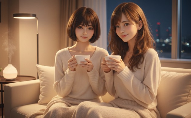 夜のリラックスタイムに温かい飲み物を持ち、1800Kの優しい間接照明の中で微笑むロングヘアの女性(あいみ)とショートボブの女性(美羽)