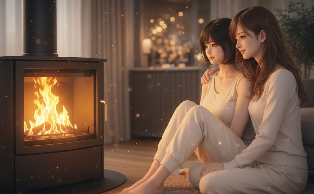 暖炉のオレンジ色の炎を見つめながら、1800Kの光の中で穏やかな時間を過ごす、寄り添い合う女性二人(あいみと美羽)