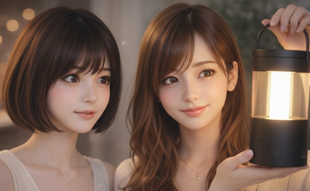 調光ランタンの柔らかな1800Kの光を一緒に覗き込み、瞳に美しいキャッチライトが輝く女性二人(あいみと美羽)