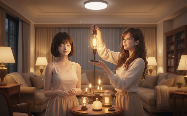明るいシーリングライトから複数の温かな琥珀色のランプに置き換えられたリビングで、エジソンランプを手に微笑む女性二人(あいみと美羽)