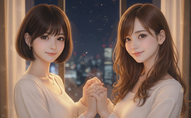 夜景が見える窓際で、1800Kの聖域のような光に包まれながら読者に寄り添うように手を取り合い微笑む女性二人(あいみと美羽)