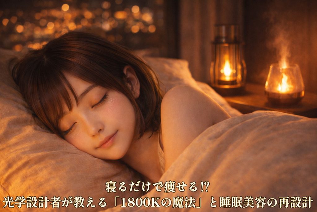 1800Kの温かな琥珀色の光に包まれ、バルミューダ風のランタンの横で安らかに眠るショートボブの女性(美羽)の寝顔