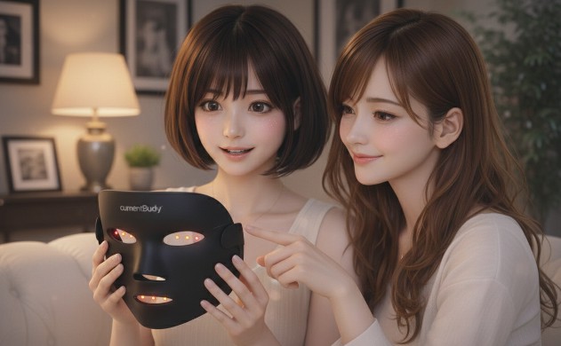 夜の静寂の中、豪華なソファでCurrentBodyのLEDマスクを興味深く見つめる美羽と、その横で優しくLEDの光を指差しながら解説する笑顔のあいみ。