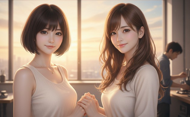 朝日の差し込む窓辺で、輝くような素肌で手を取り合い、読者へ優しく微笑みかけるあいみと美羽。背景には作業を終え、道具を片付ける誠のシルエットが映る希望に満ちたフィナーレ。