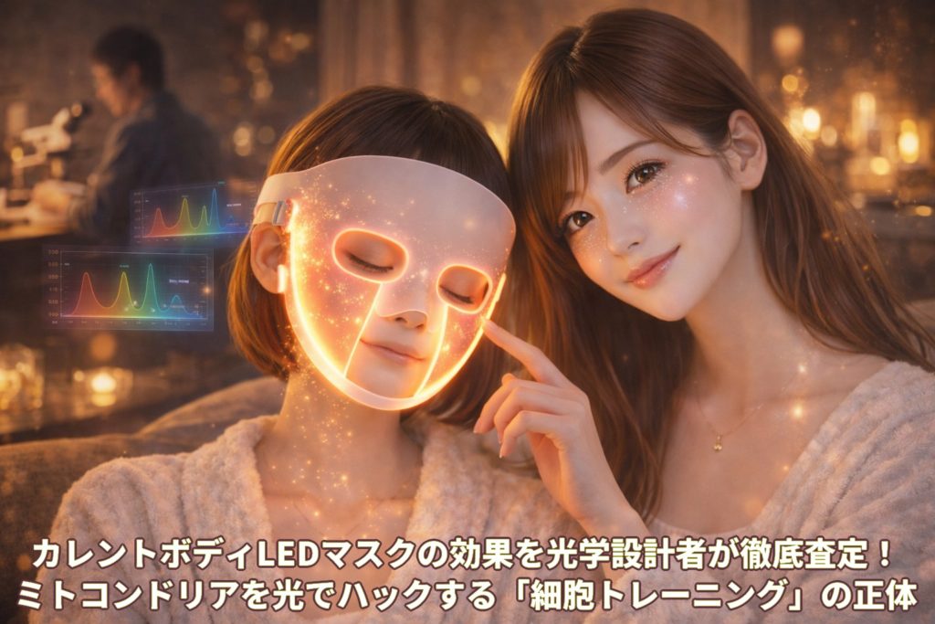 温かい光のリビングで、最新のLED美顔マスクを手に取る美羽と、透き通るような美肌で微笑むエンジニアのあいみ。背景には光学設計を行う誠のシルエットと、赤色光の波長チャートが浮かぶ幻想的な光美容のシーン。