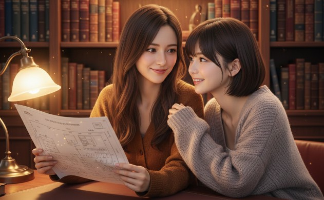 温かい光が灯る書庫で、設計図を手に取り微笑み合うロングヘアの女性（あいみ）とショートボブの女性（美羽）。スペック表の数字の裏にあるエンジニアの情熱を語り合うような、親密で穏やかな時間の挿絵。