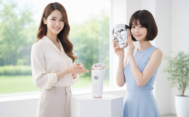 明るく洗練された美容スタジオで、全身脱毛器とLEDフェイスマスクを手に、自信に満ちた笑顔を見せるロングヘアの女性（あいみ）とショートボブの女性（美羽）。光美容デバイスの使い分けを優しく提案するプロフェッショナルな雰囲気の挿絵。