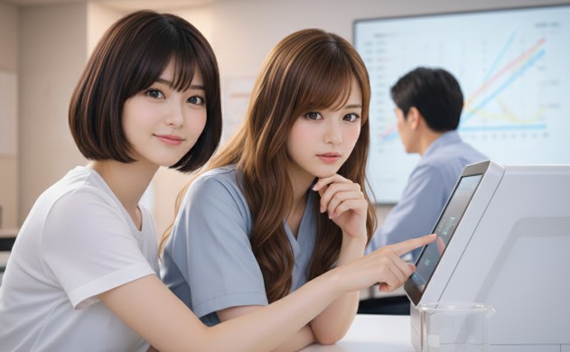実験室のような清潔感のある空間で、測定器の画面を真剣に見つめるロングヘアの女性（あいみ）と、安心させるように微笑むショートボブの女性（美羽）。背後には熱心にグラフをチェックするエンジニアの後ろ姿が見える、技術的な信頼性を表現した挿絵。