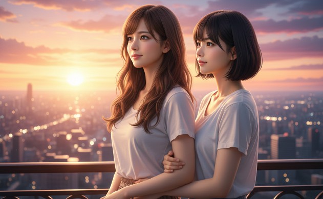 夜明けの光が差し込むバルコニーで、輝く街並みを眺めながら寄り添い立つロングヘアの女性（あいみ）とショートボブの女性（美羽）。希望に満ちた表情で未来を見つめる、読者の新しい一歩を応援するような感動的な挿絵。