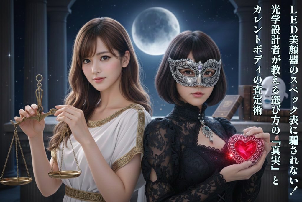 古代ギリシャ風の白いドレスを着て天秤を持つロングヘアの女性（あいみ）と、黒いゴシックドレスに仮面をつけ、赤いハートの宝石を大切に持つショートボブの女性（美羽）。背後には満月と神秘的な神殿、そして時代錯誤な最新LEDマスクが置かれた、ドラマチックで幻想的なアイキャッチ画像。