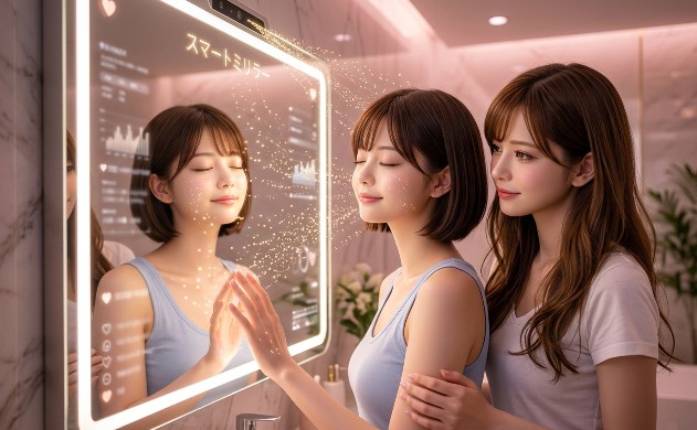 穏やかなバスルームの設定で、大きなスマートミラーの前にロングヘアの「あいみ」とショートボブの「美羽」が並んで立っている。美羽は目を閉じて、黄金の光の粒子(センシングとアルゴリズムの可視化)が肌と相互作用する中で、至福の表情でリラックスしている。あいみは美羽の後ろに立ち、彼女の腕に優しく手を置いて安らぎをサポートしている。鏡の中の反射には、より輝きが増した美羽が映っている。ソフトで最適化されたパステルピンクとゴールドの光の混合に包まれた、幻想的で美しい8K写真。