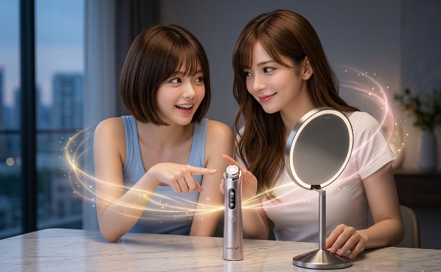 スタイリッシュでミニマルな大理石のテーブルを囲み、ロングヘアの「あいみ」とショートボブの「美羽」が寄り添い、未来の美容プロトタイプを見つめている。テーブルには、アクティブな光輪が輝くsimplehuman Sensor Mirrorと、medicube AGE-R Booster Proデバイスがエレガントに並んでいる。美羽は興奮してmedicubeを指さし、あいみは知っているような笑顔で見つめている。デバイスから黄金とライトピンクのエネルギーオーラが放射され、それらを接続している。製品が焦点となった、詳細で魅力的な8K写真。