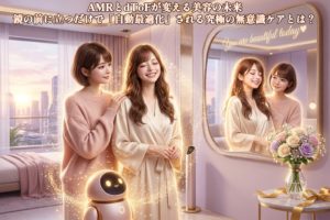黄金の光沢があるフレームの大きなスマートミラーの前に、ロングヘアの「あいみ」とショートボブの「美羽」が並んで立っている。鏡には光り輝く和文の「スマートミラー」とハートのアイコン、そして英文で「You are beautiful today♥」の文字が浮かび、美羽の顔に黄金の光の粒子が溶け込んでいる。全体が温かいパステルピンクとゴールドの光に包まれた、幻想的で美しい写真風のリアルな8K画像。