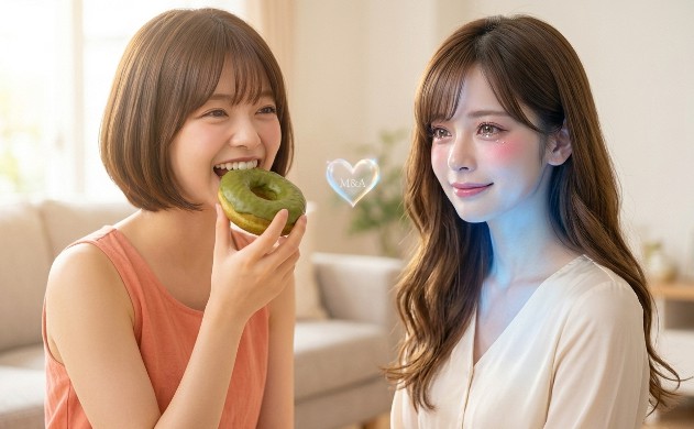 1800Kの温かい夕陽色の光に包まれたリビングで、光の癒やしを享受する美羽とあいみ。中央には愛を象徴する小さな光のハートが浮かぶ。