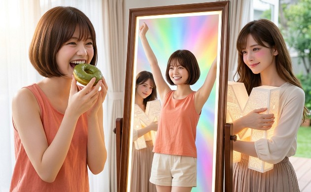 鏡を境界線に、ドーナツを食べる日常の美羽と、鏡の中で虹色の光に包まれ美肌へと生まれ変わった自信溢れる美羽。背後で見守るあいみの微笑み。
