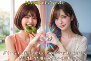 光美容の完成を象徴する、虹色の光が溢れるハートを二人で作る美羽とあいみ。美肌と健康的な美しさを体現した高精細な光学写真。