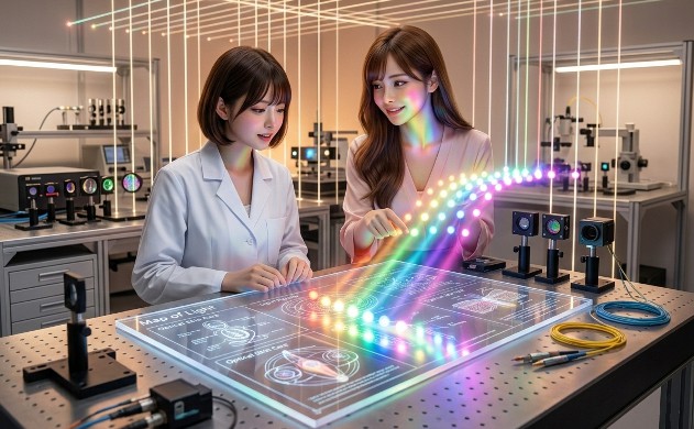 未来的な光学ラボで、白いラボコートを着た美羽とあいみが「光のパレット」の地図を囲んでいる。地図から12色の鮮やかな光が溢れ出し、空中にdToFのレーザー軸が並ぶ、知的で希望に満ちた設計風景