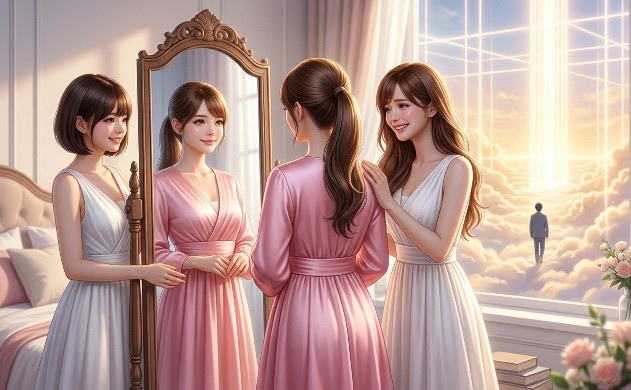 朝の光が差し込む部屋で、ポニーテールに桜色のドレスを纏い、自分に自信を取り戻した女性。背後から白いドレスを着たあいみと美羽が優しく見守り、窓の外には光の神殿へ歩む誠の後ろ姿が見える感動のラストシーン