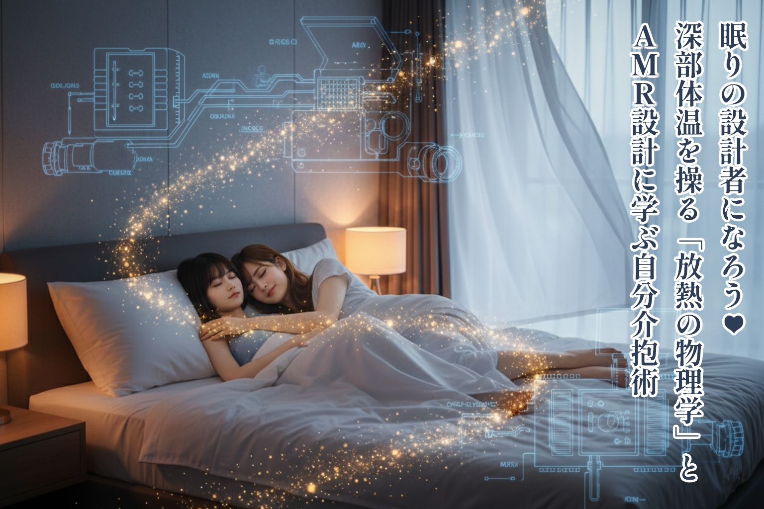 涼やかな夜風が吹く寝室で、穏やかに眠るあいみと美羽。体から熱が逃げていく幻想的な光景と、背景に重なるAMRの設計図。