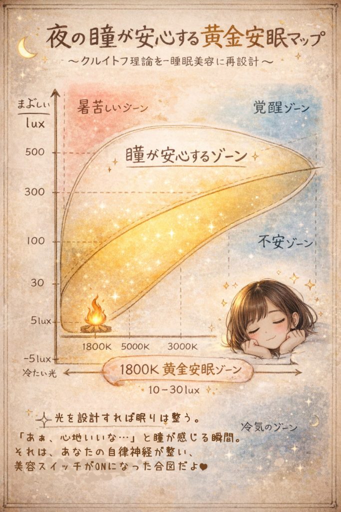 エンジニアのあいみが、クルイトフの快適図表(Kruithof curve)を見ながら手書きした「夜の瞳が安心する黄金安眠マップ」