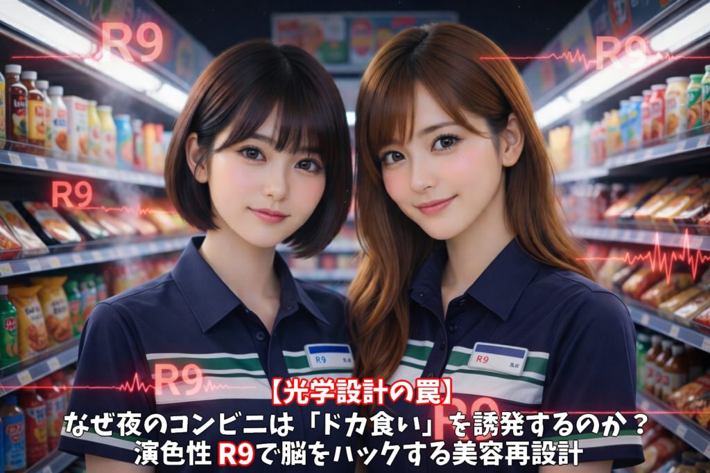 高演色R9照明に照らされた深夜のコンビニ店内に佇む、微笑む女性店員二人（あいみと美羽）。浮遊するR9の赤いホログラムと、美味しそうに輝く商品棚。